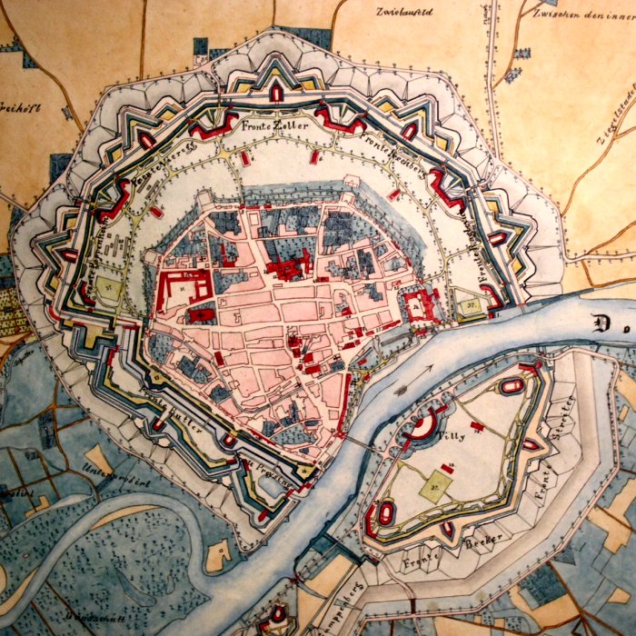 Festungsstadt mit Glacis 1850 und heute